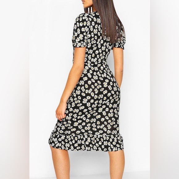 BOOHOO DAISY PRINT RUCHED FRILL HEM MIDI DRESS SIZE 8 - Picture 2 of 2